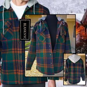 Blank NYC Mens Plaid Heavy Shacket Shirt With Removable Hood Jacket Size M